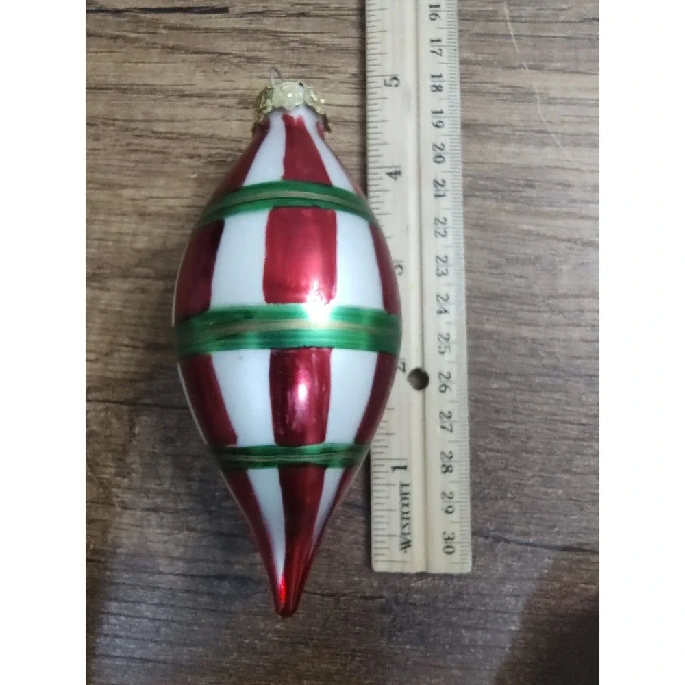 Vintage Striped Teardrop Glass Christmas Ornament Red Green Gold White A11
